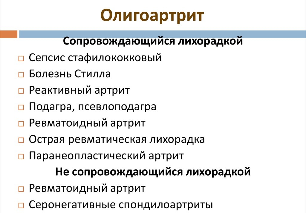 Классификация олигоартрита с симптомом лихорадки и без