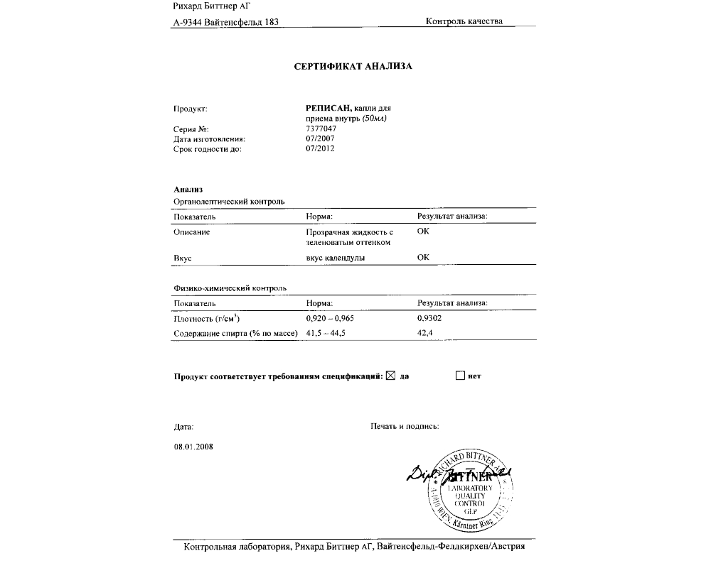 Сертификат анализа Реписана